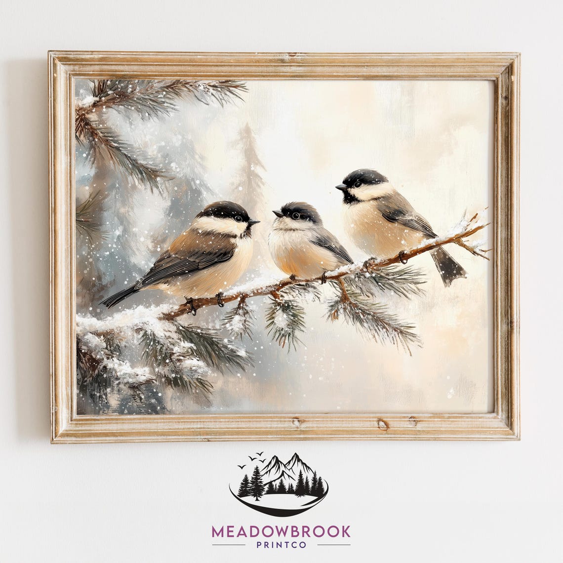 Three Chickadees On Snowy Pine Branch Winter Woodland Bird Art Poster