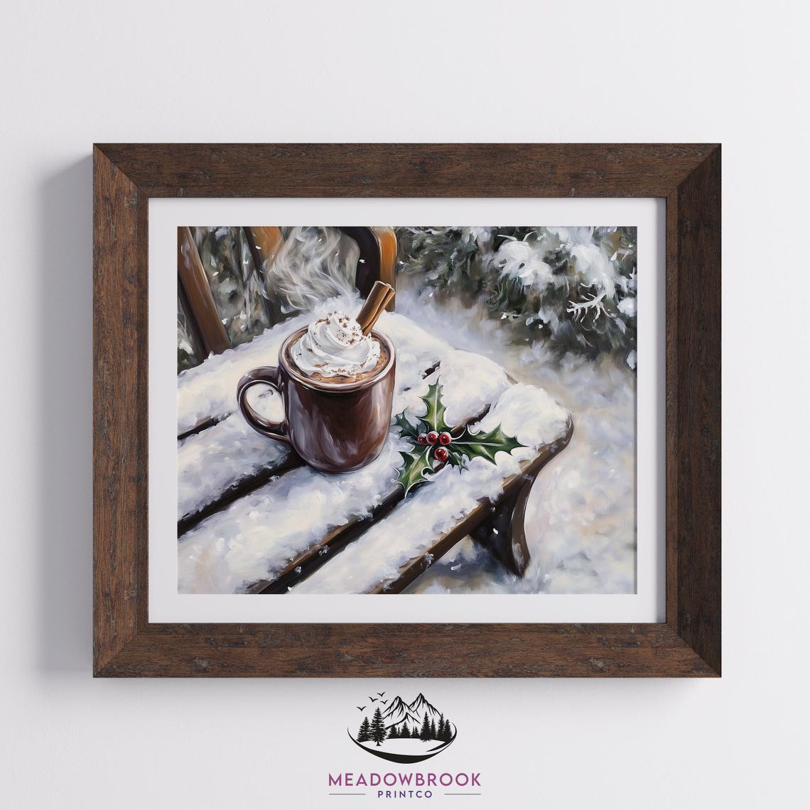 Hot Cocoa Mug On Snowy Bench With Holly Rustic Winter Art Poster - Image 2