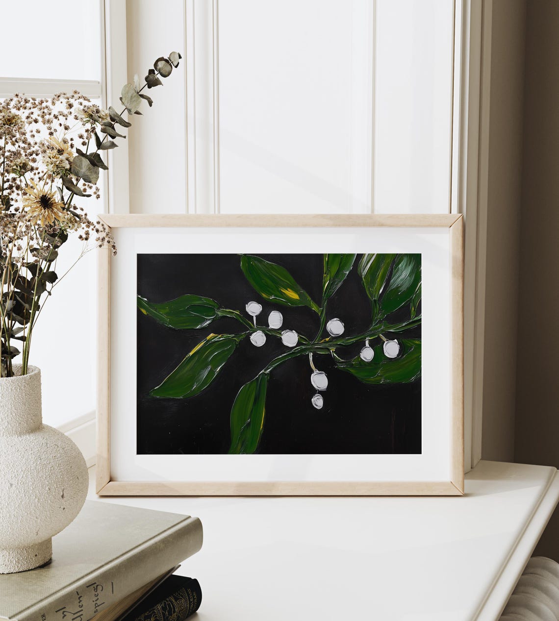 Mistletoe Sprig With White Berries On Black Moody Botanical Art Poster - Image 3