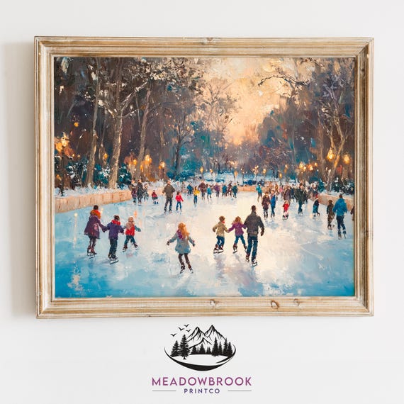 Bustling Ice Skating Scene, Festive Christmas Art Print
