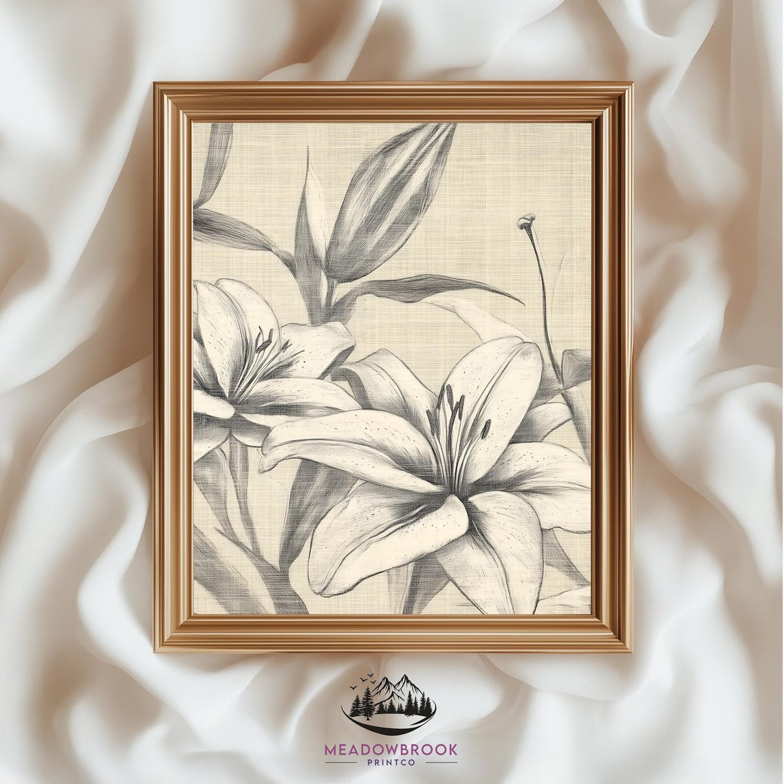 Vintage Lily Flowers Pencil Sketch Neutral Botanical Art Poster