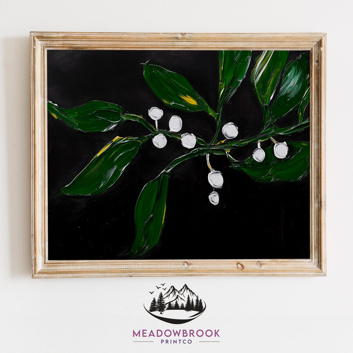 Mistletoe Sprig With White Berries On Black Moody Botanical Art Poster