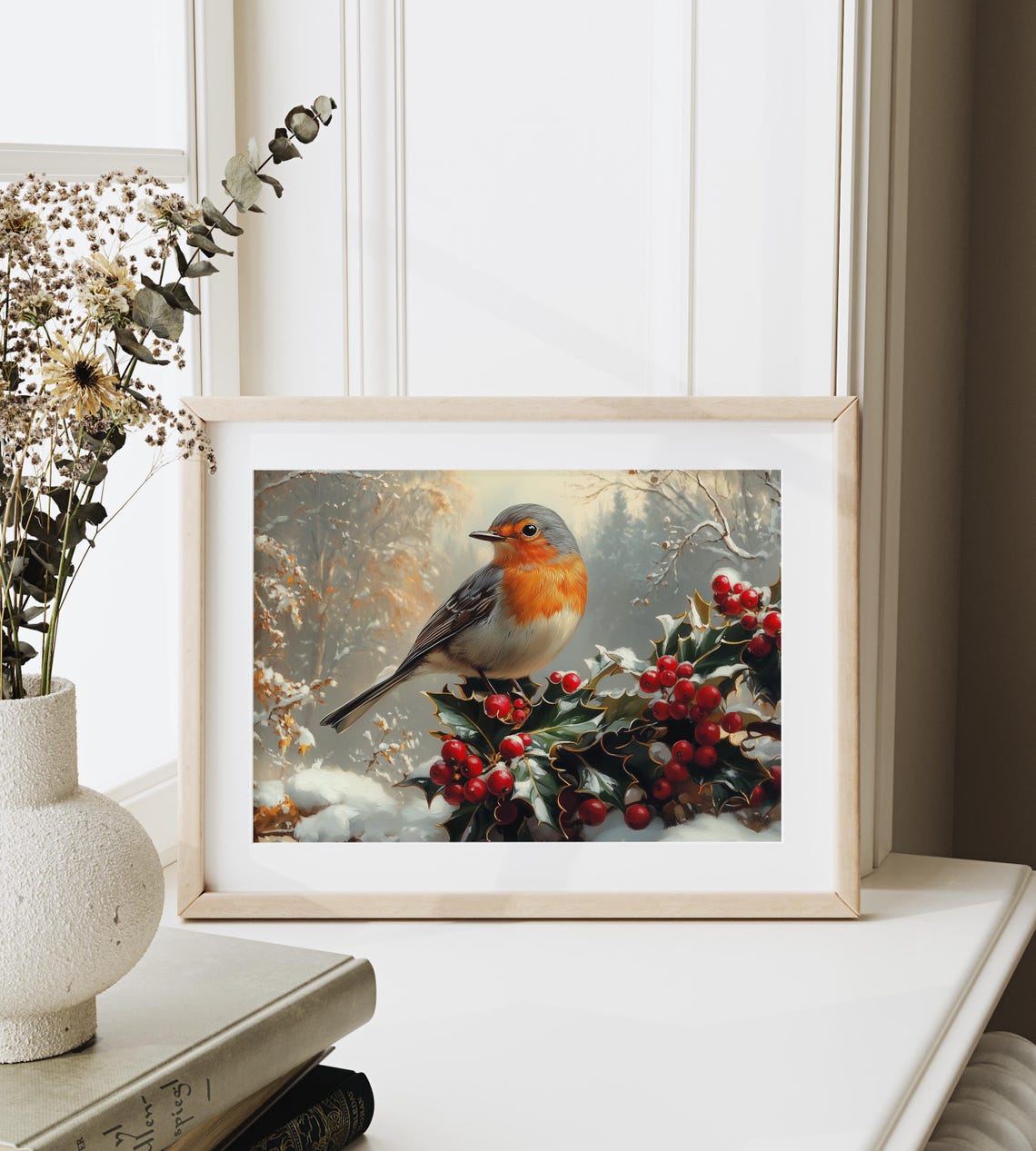 Robin Bird on Holly Branch With Red Berries Snowy Winter Forest Poster - Image 3