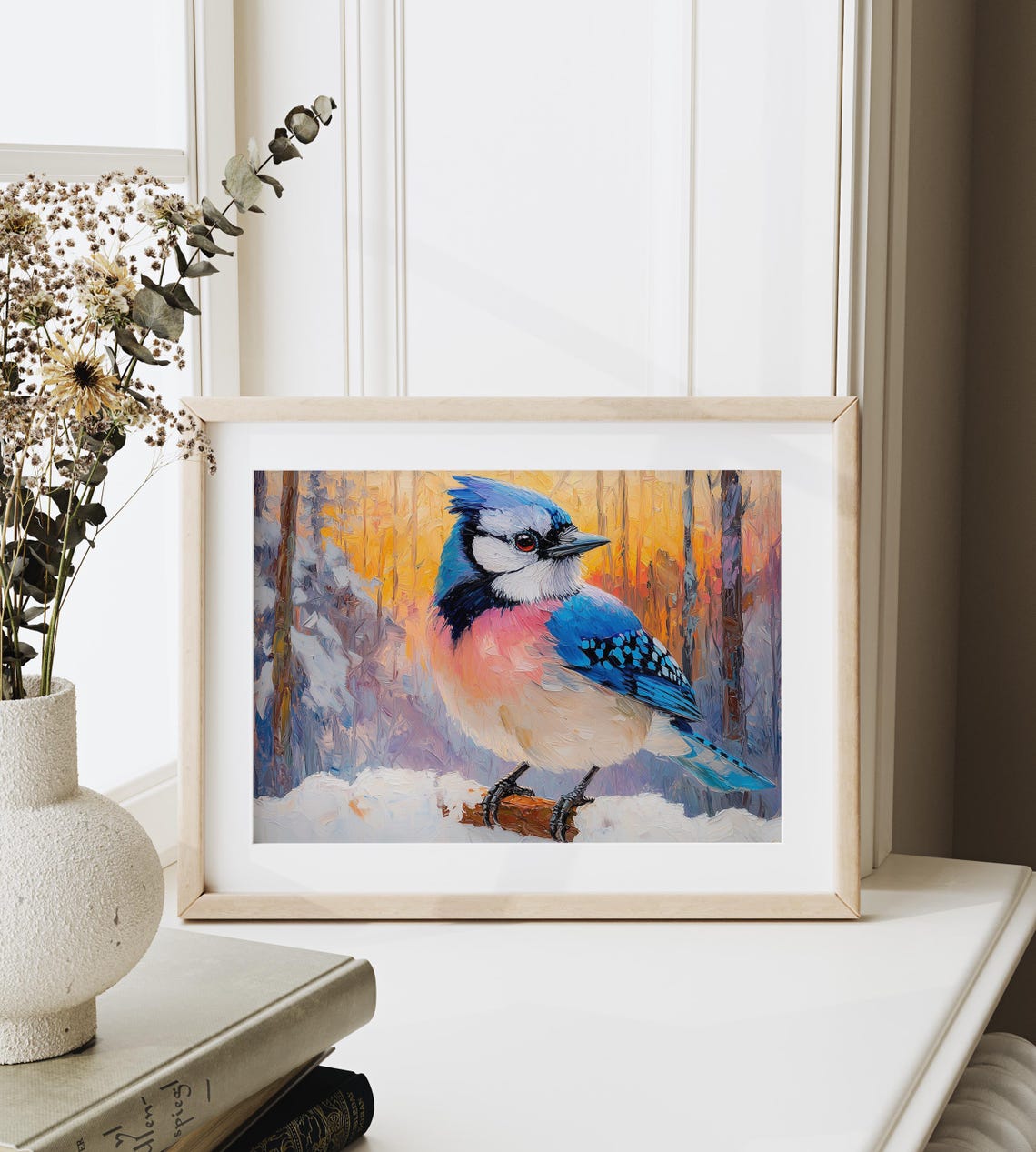 Blue Jay In Snow At Sunset Winter Impasto Oil Painting Bird Poster - Image 3