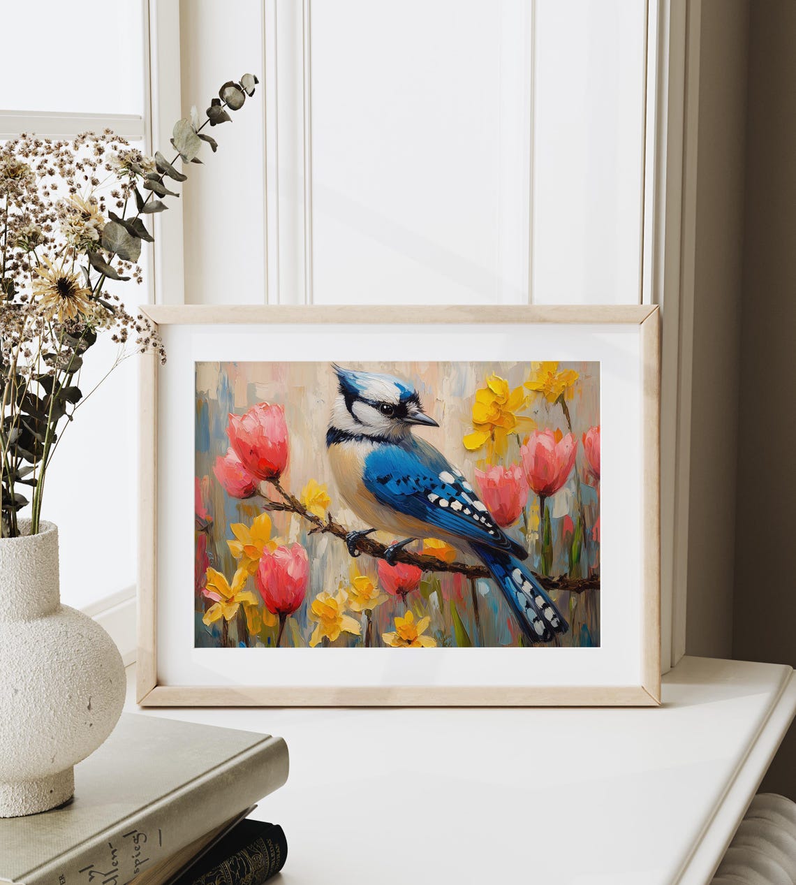 Blue Jay Among Pink Tulips And Daffodils Spring Impasto Bird Poster - Image 3