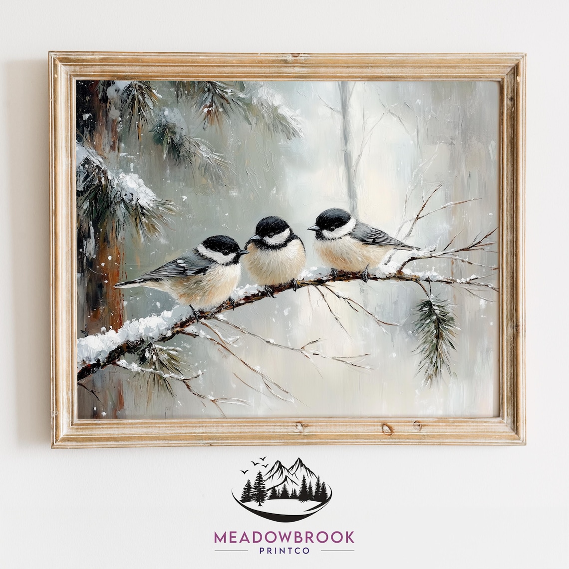 Chickadees on a Snowy Evergreen Branch Art Print