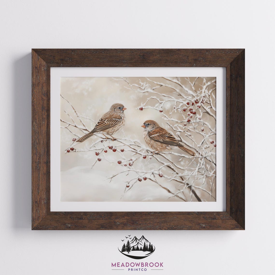Pair Of Sparrows On Snowy Berry Branches Winter Bird Art Poster - Image 2