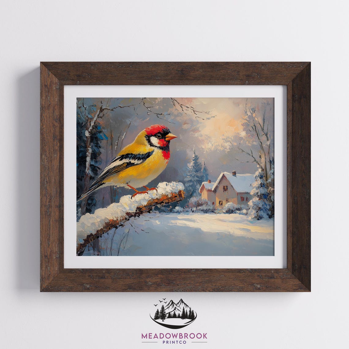 Goldfinch On Snowy Branch Winter Village Sunrise Oil Painting Poster - Image 2