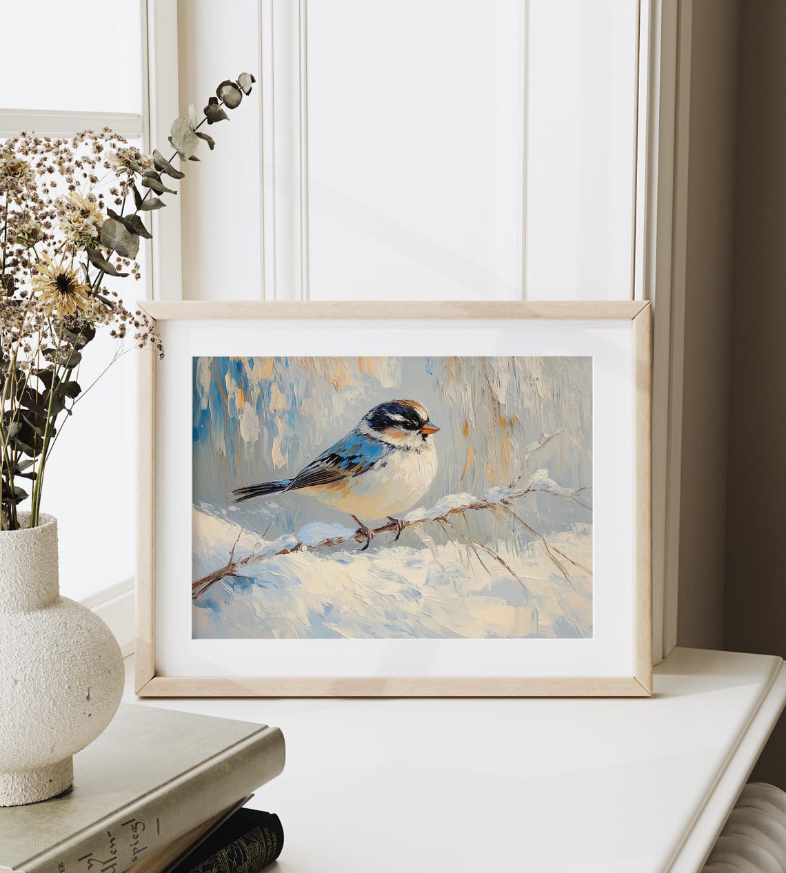 Sparrow Bird on Snow Covered Winter Branch Icy Blue Oil Art Poster - Image 3
