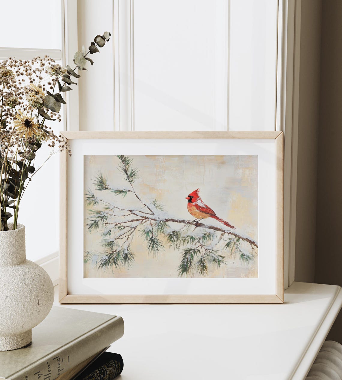 Cardinal On Snow Dusted Pine Branch Warm Golden Winter Painting Print - Image 3