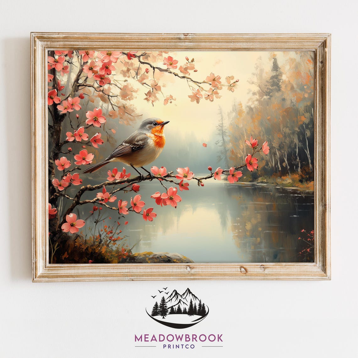 Robin On Dogwood Blossoms Over Calm River Spring Morning Art Poster