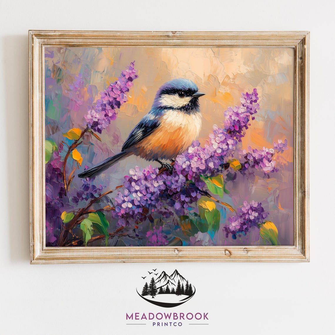 Blue Tit Bird on Purple Lilac Bush in Warm Golden Spring Light Poster