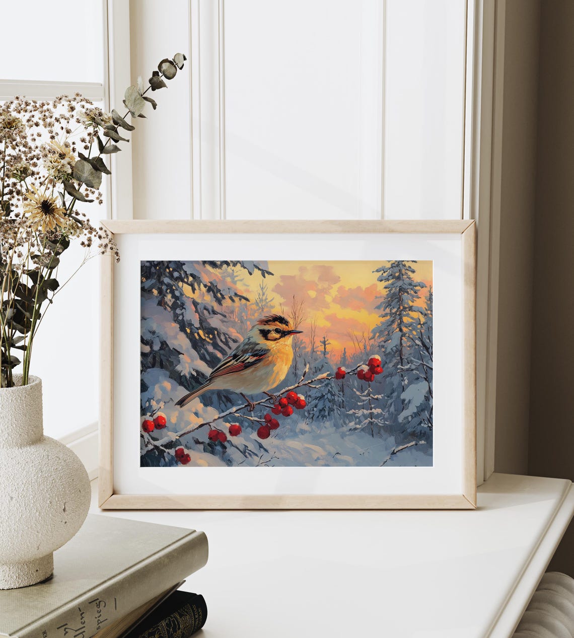 Songbird On Red Berry Branch Sunset Winter Snow Forest Bird Poster - Image 3
