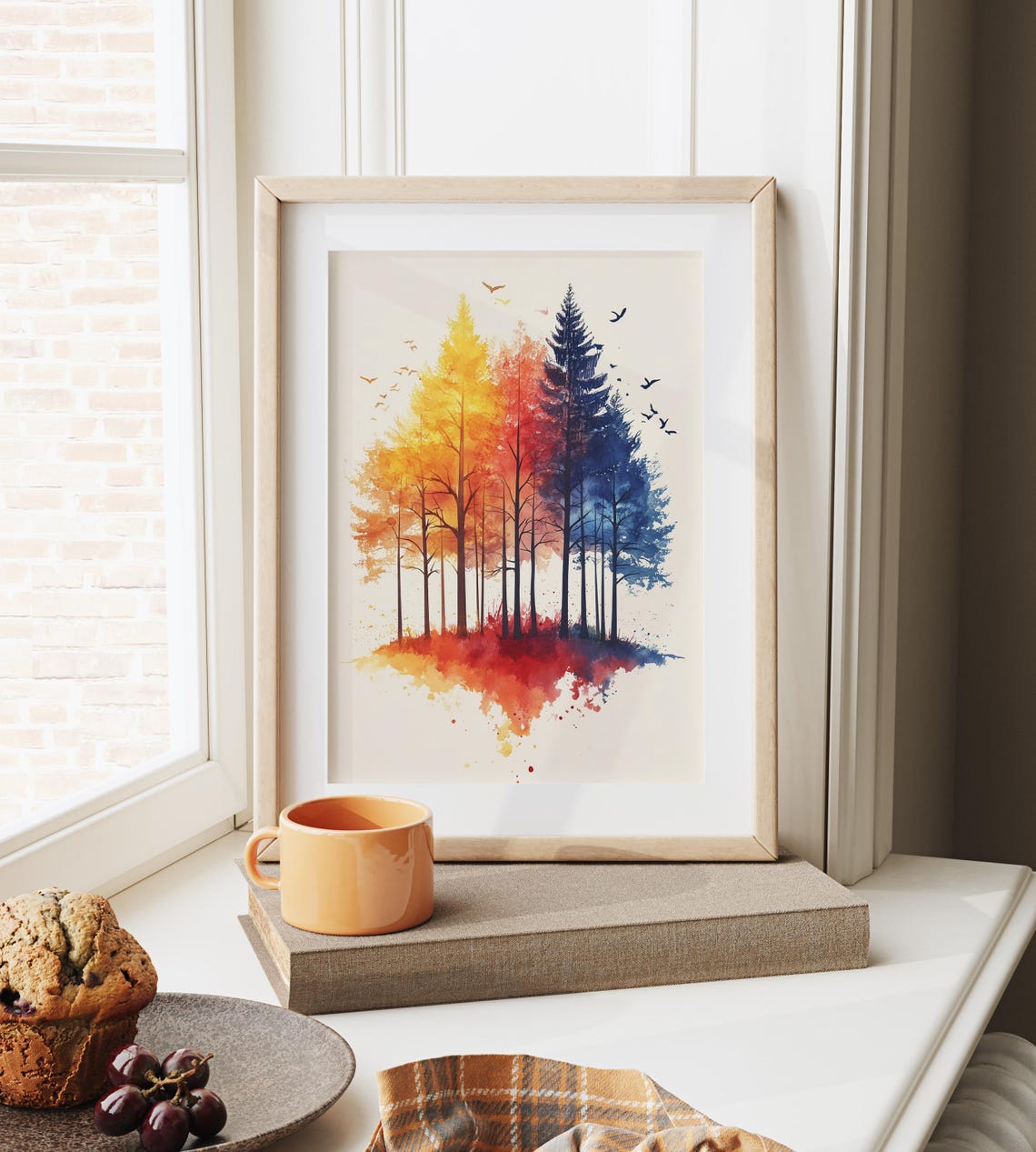 Colorful Forest Trees Yellow To Blue Gradient Watercolor Art Poster - Image 3