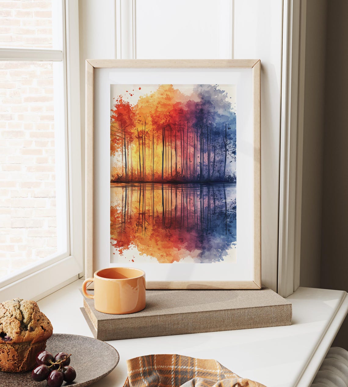 Vibrant Autumn Forest Reflection Lake Mirror Watercolor Nature Poster - Image 3