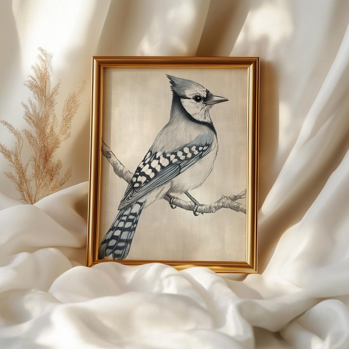 Blue Jay Pencil Sketch Perched On Branch Neutral Bird Art Print Poster - Image 2