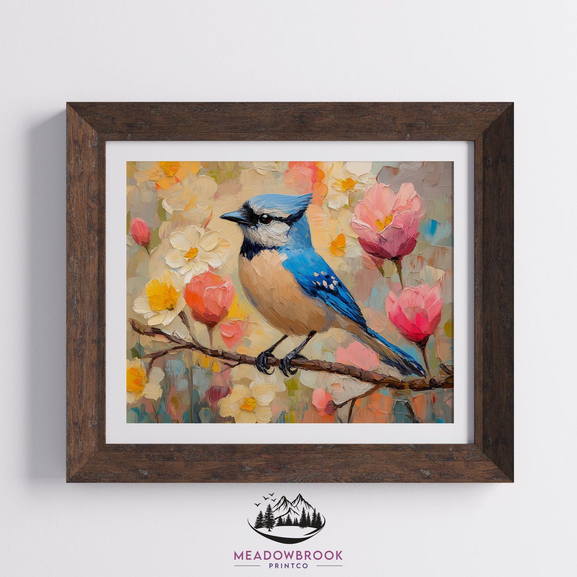 Blue Jay Bird Perched in Pastel Spring Cherry Blossom Flowers Poster - Image 2
