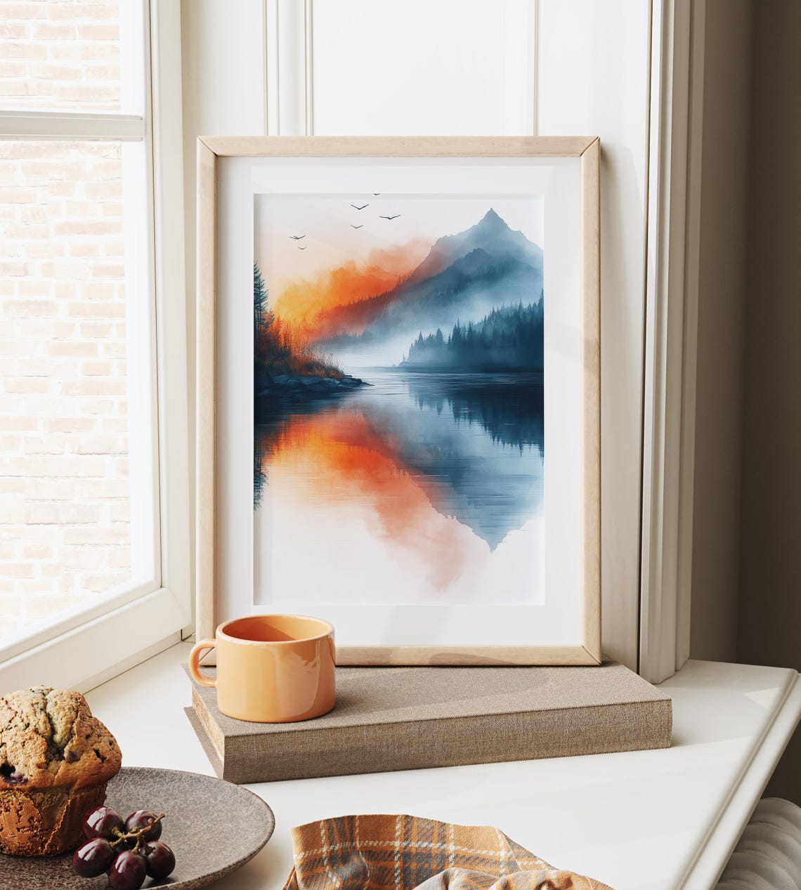 Misty Mountain Lake Sunrise Orange Reflection Moody Watercolor Print - Image 3