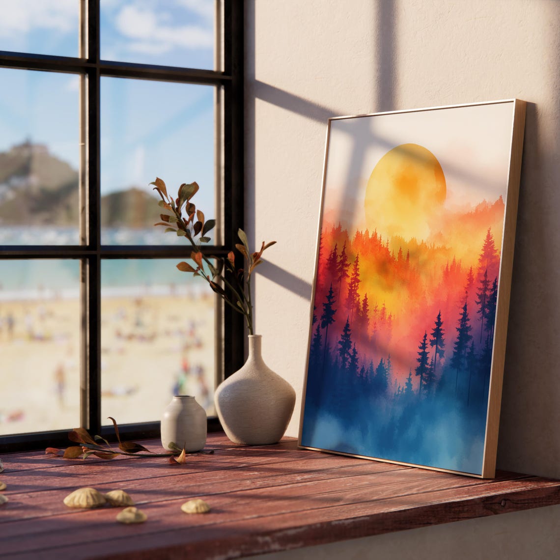 Giant Golden Sun Rising Over Misty Pine Forest Layered Poster - Image 2