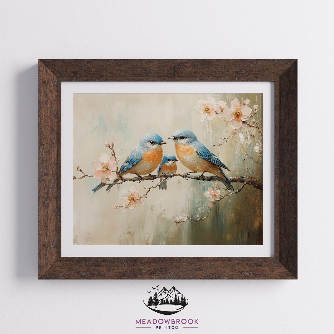 Bluebird Family On Blossoming Branch Spring Morning Bird Art Poster - Image 2