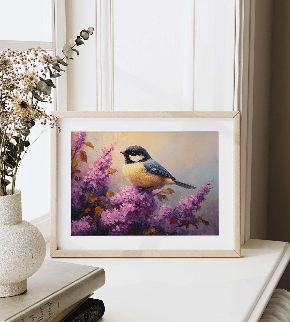 Chickadee Bird on Purple Lilac Bush Under Soft Pastel Spring Sky Print - Image 3