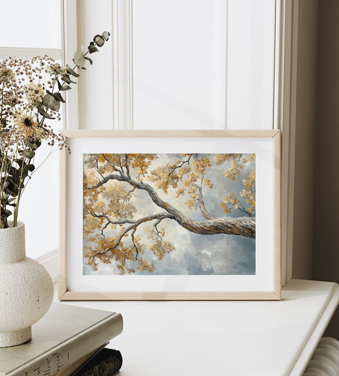 Gnarled Oak Branch With Golden Autumn Leaves Against Blue Sky Wall Art - Image 3