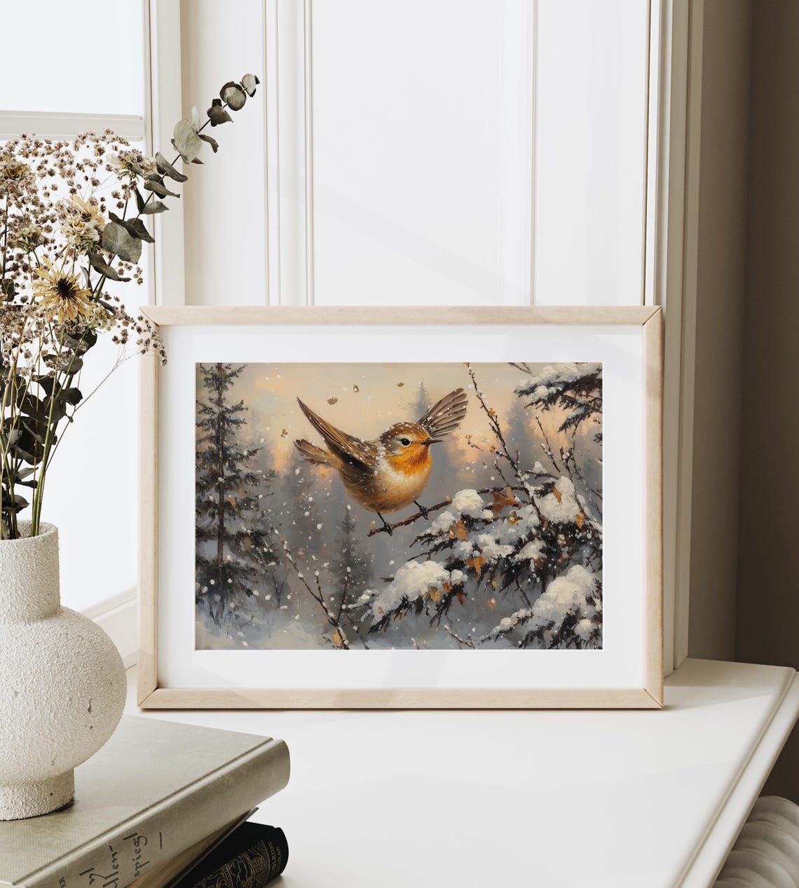 Songbird Taking Flight Over Snowy Winter Forest Branch Bird Poster - Image 3