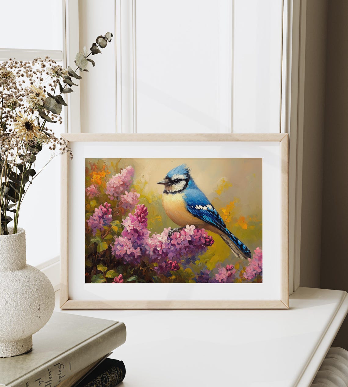 Blue Jay Perched In Lilac Blooms Golden Garden Spring Art Poster - Image 3