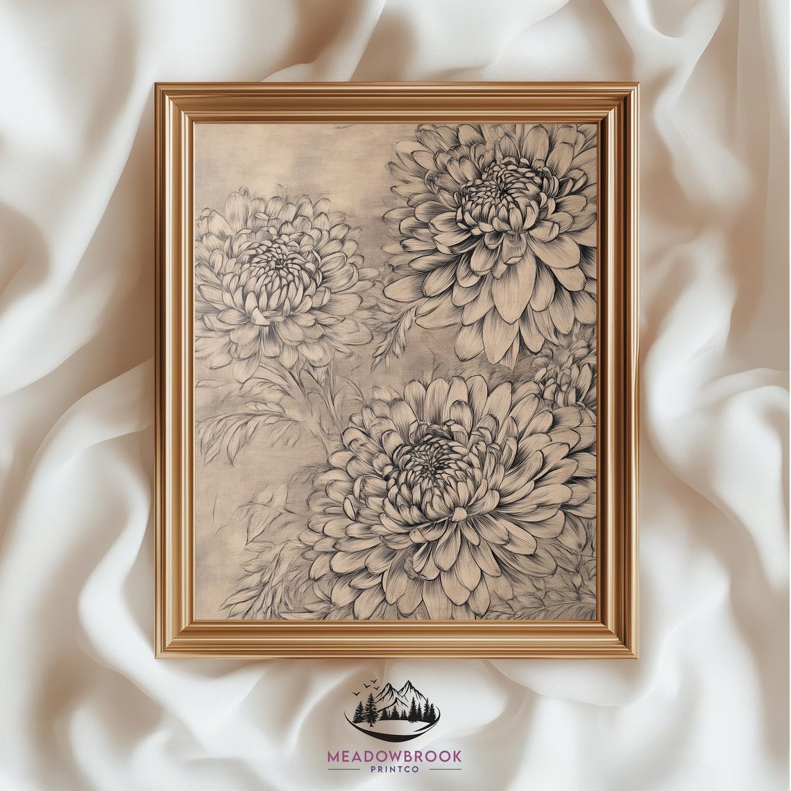 Chrysanthemum Pencil Sketch Rustic Botanical Burlap Art Print Poster
