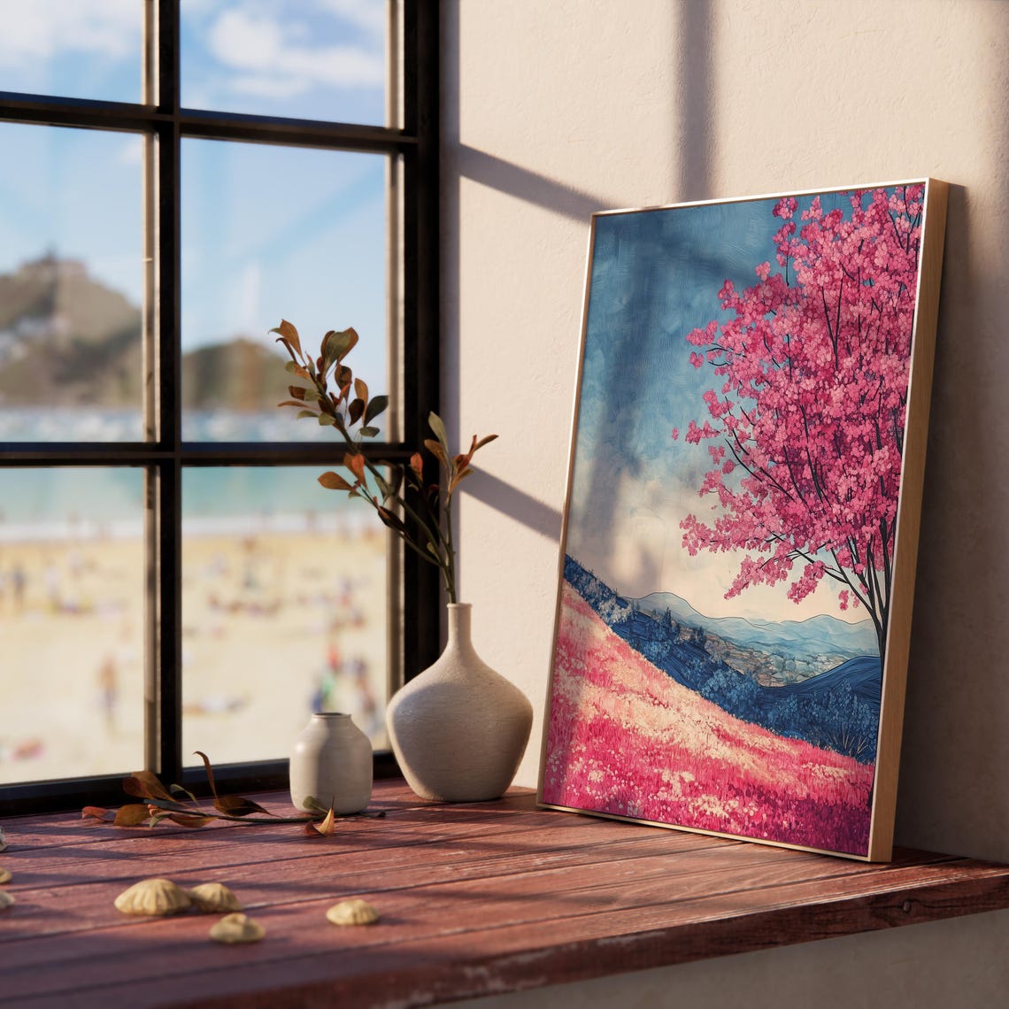 Pink Cherry Blossom Tree Over Flower Field Blue Mountains Poster - Image 2