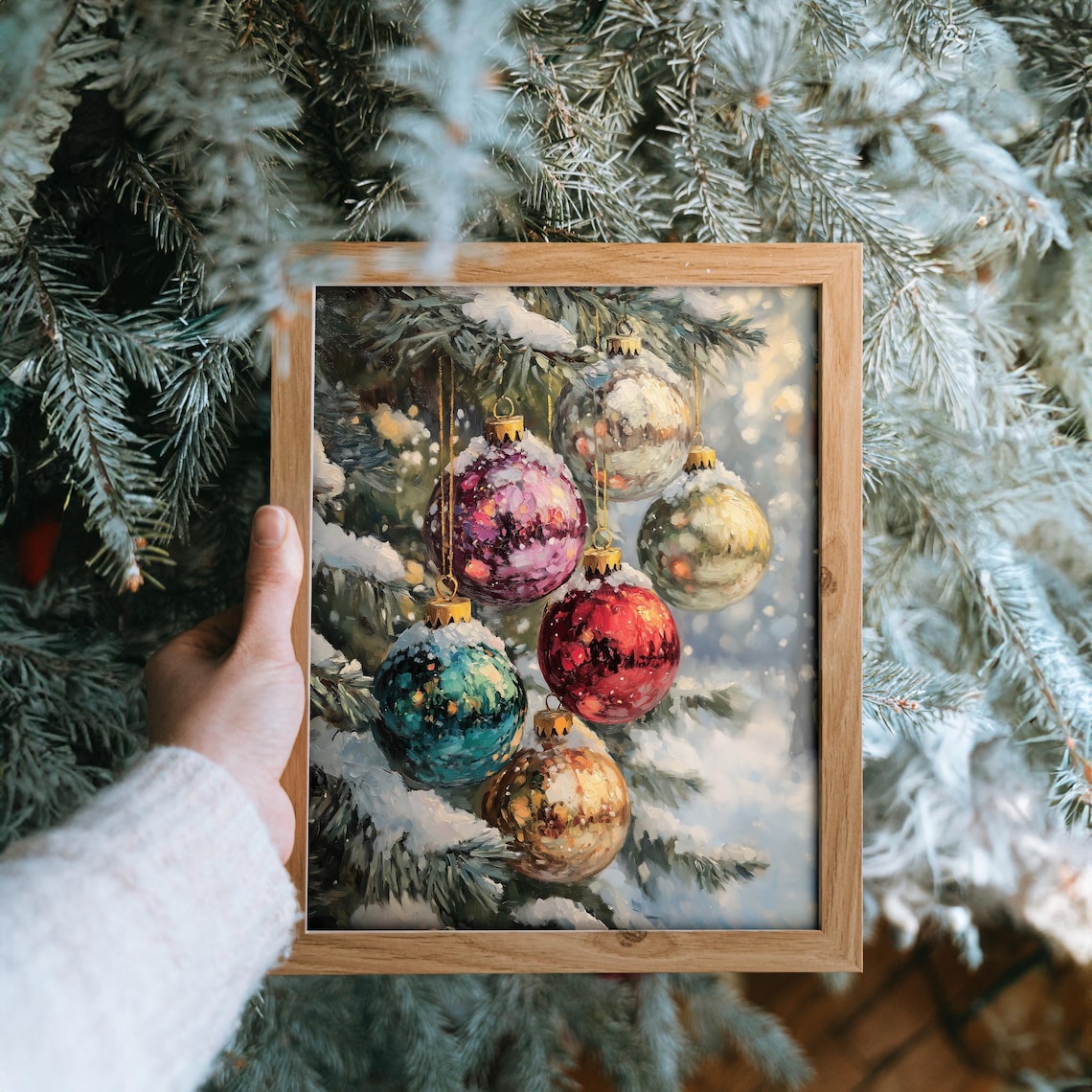 Christmas Ornaments On Snowy Tree Branch, Vintage - Image 3