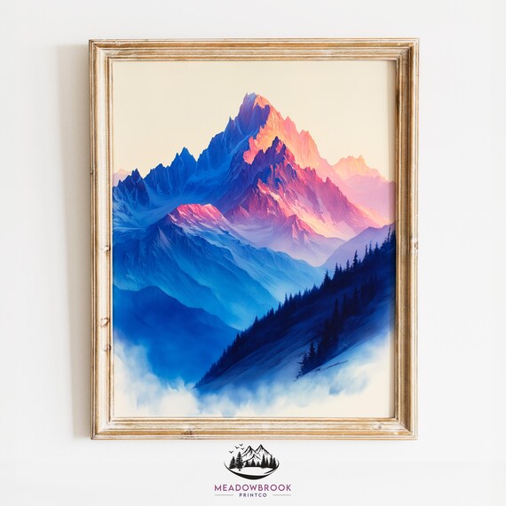 Snowy Mountains In Sunrise Glow Detailed Pencil Sketch Earthy Rustic Wall Art Cottagecore Nature Landscape 933
