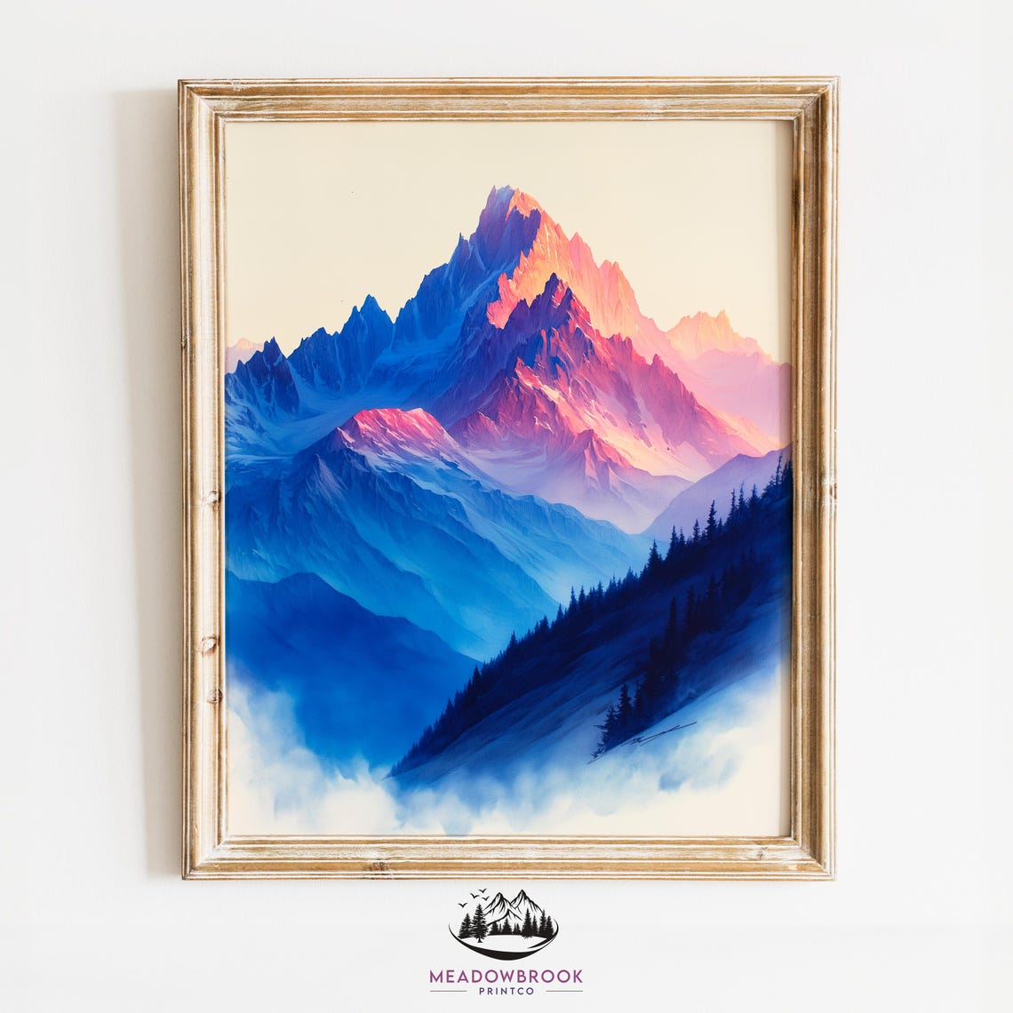 Alpine Peak Sunrise Pink And Blue Mountain Watercolor Art Poster