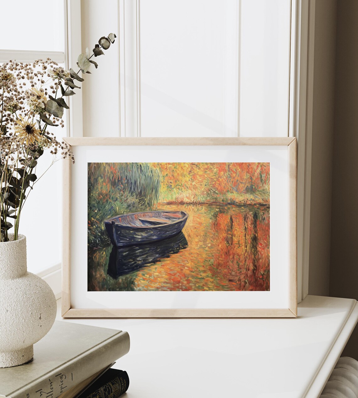 Small Boat Resting On Autumn Waters Serene Fall Trees Reflecting On Lake Rustic Earthy Decor Moody Fall Landscape Wall Art Print 93 - Image 3