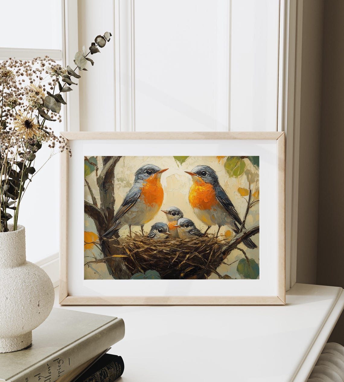Family Of Robins Nestled Among Autumn Leaves Vintage Christmas Wall Art Rustic Holiday Nature Decor Festive Winter Bird Print 682 - Image 3
