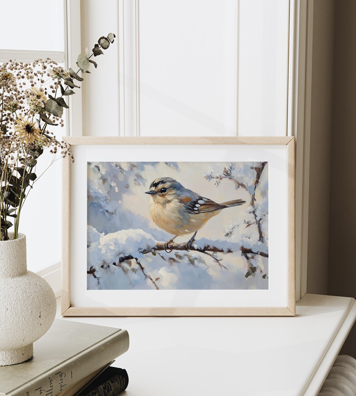 Small Songbird Perched On Snowy Branch Winter Oil Painting Bird Poster - Image 3