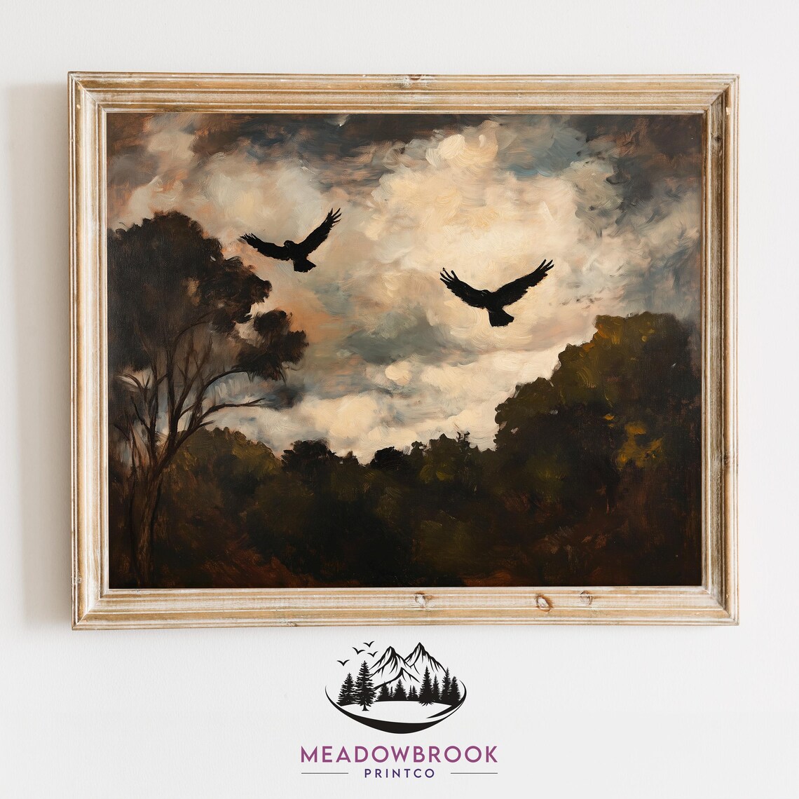 Hawks Circling Over Forest Clearing, Vintage Nature Print