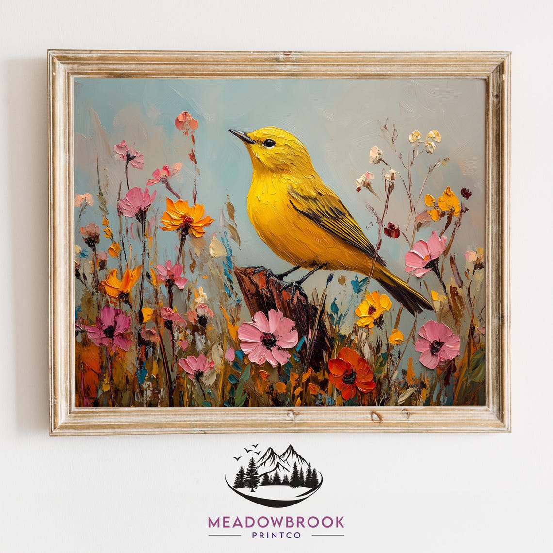 Yellow Warbler Bird on Post Among Colorful Cosmos Wildflowers Poster