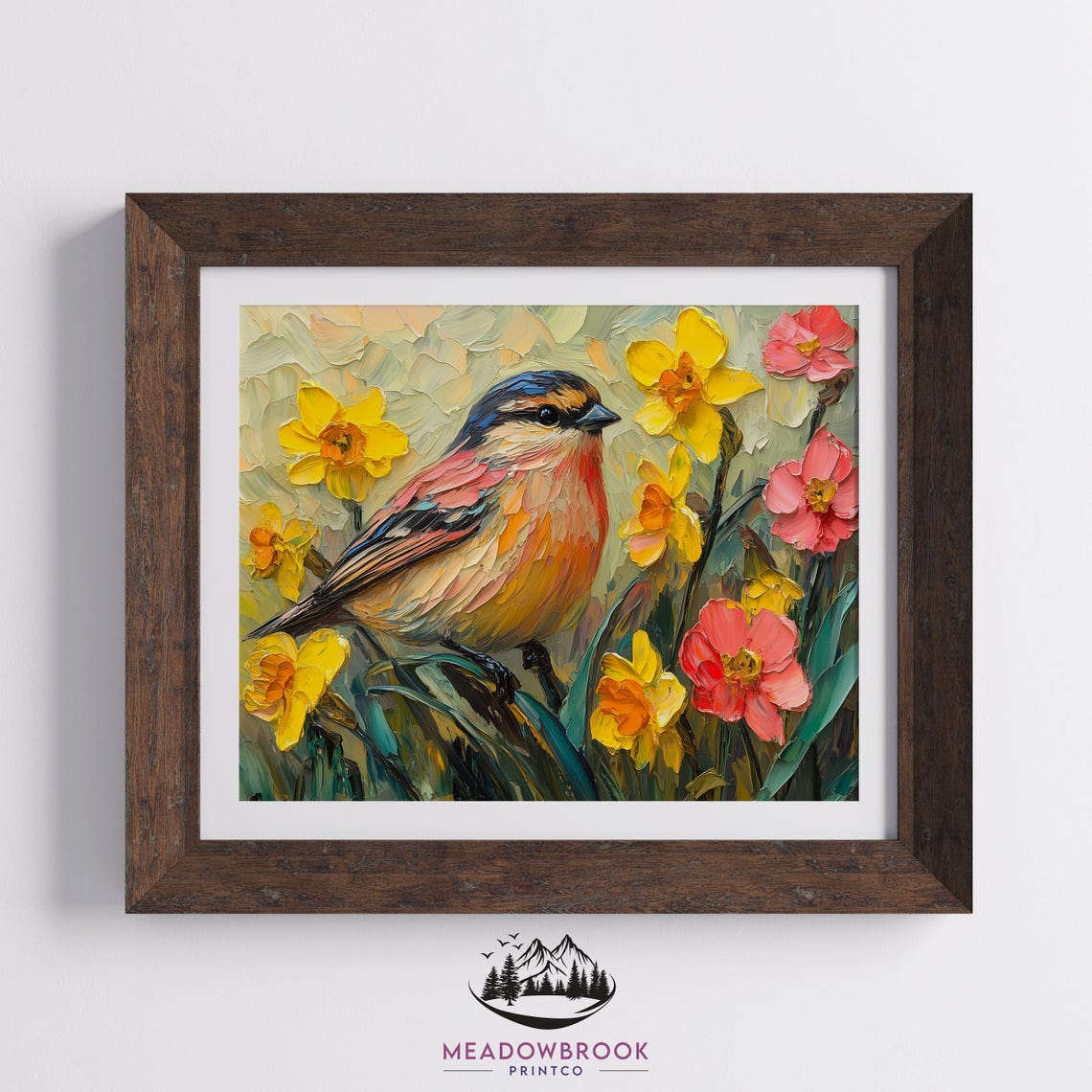 Sweet Finch Among Yellow Daffodils Spring Impasto Oil Painting Poster - Image 2