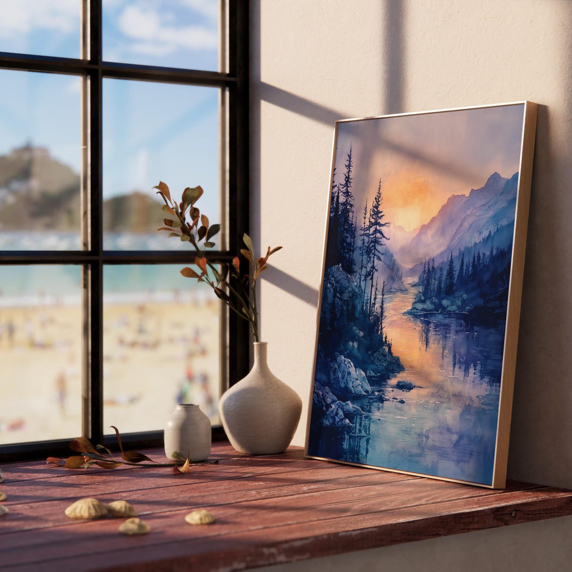 Twilight Mountain River Sunset Purple Blue Moody Watercolor Poster - Image 2