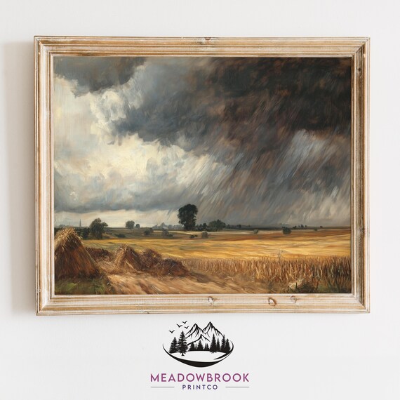 Dark Clouds Over Harvest Field Moody Sky And Golden Wheat Field Rustic Fall Scene Earthy Autumn Wall Art 97