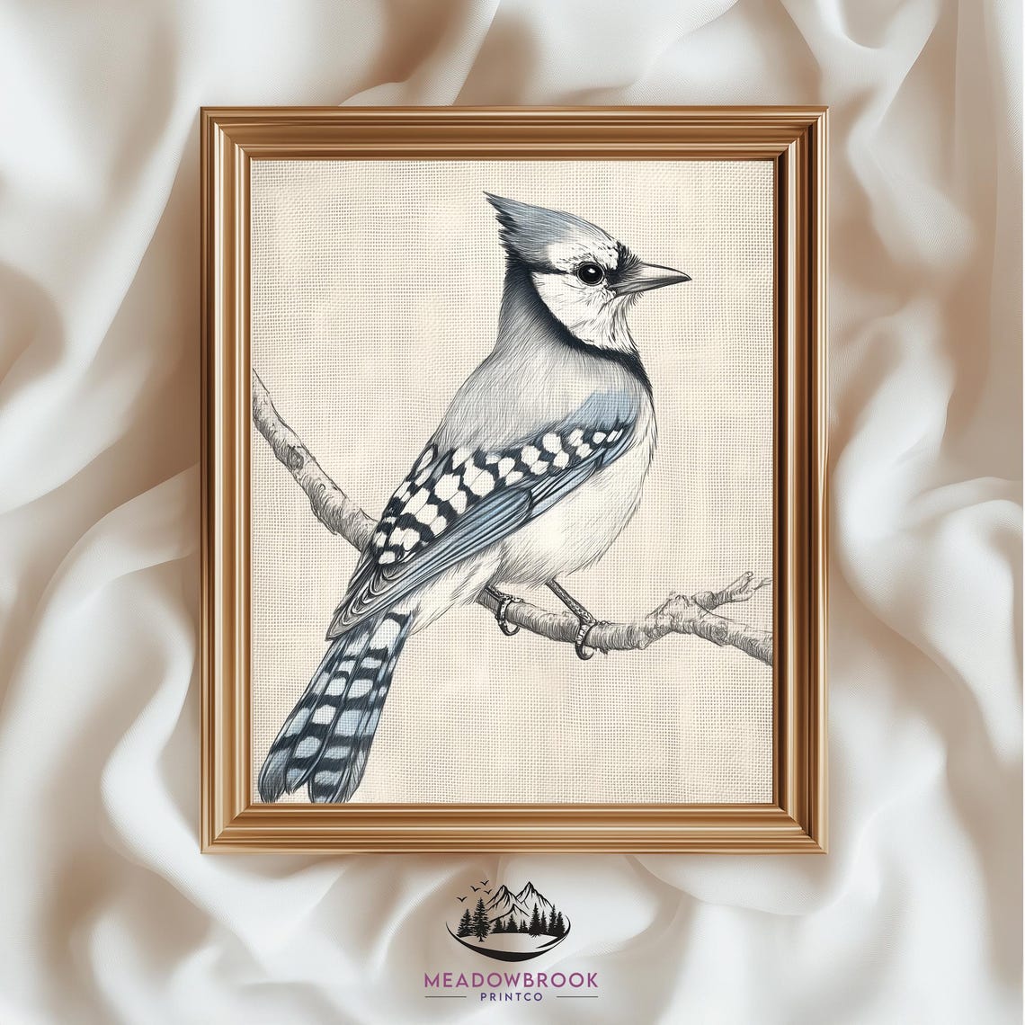 Blue Jay Pencil Sketch Perched On Branch Neutral Bird Art Print Poster