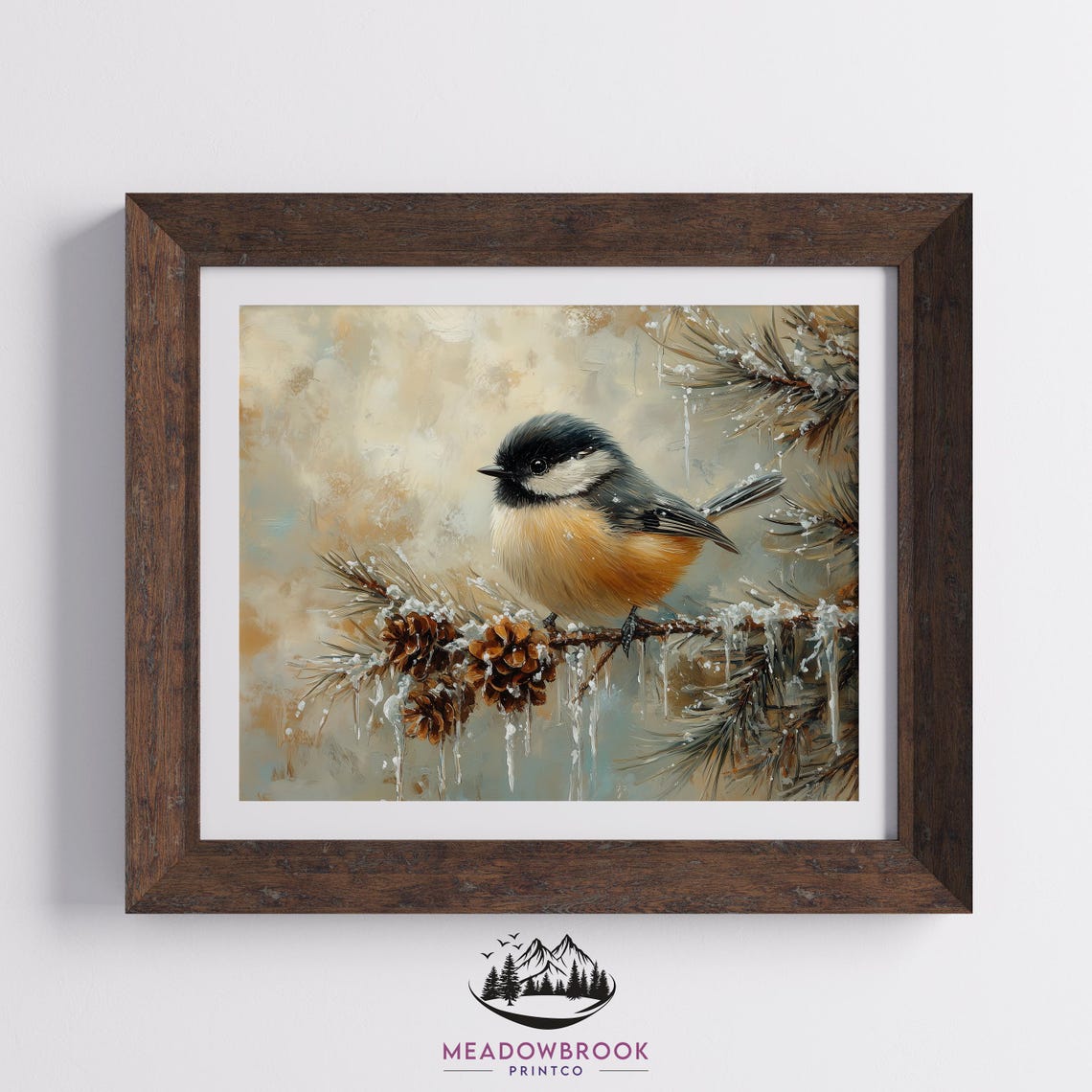 Chickadee Bird on Icy Pine Branch With Pinecones Winter Snow Scene - Image 2