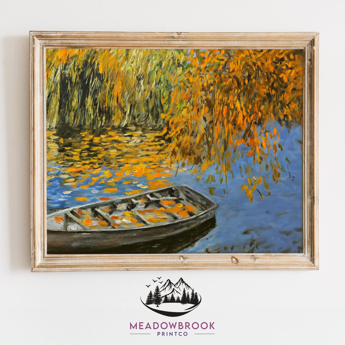 Rowboat Under Golden Autumn Branches Impressionist Blue Lake Art Print