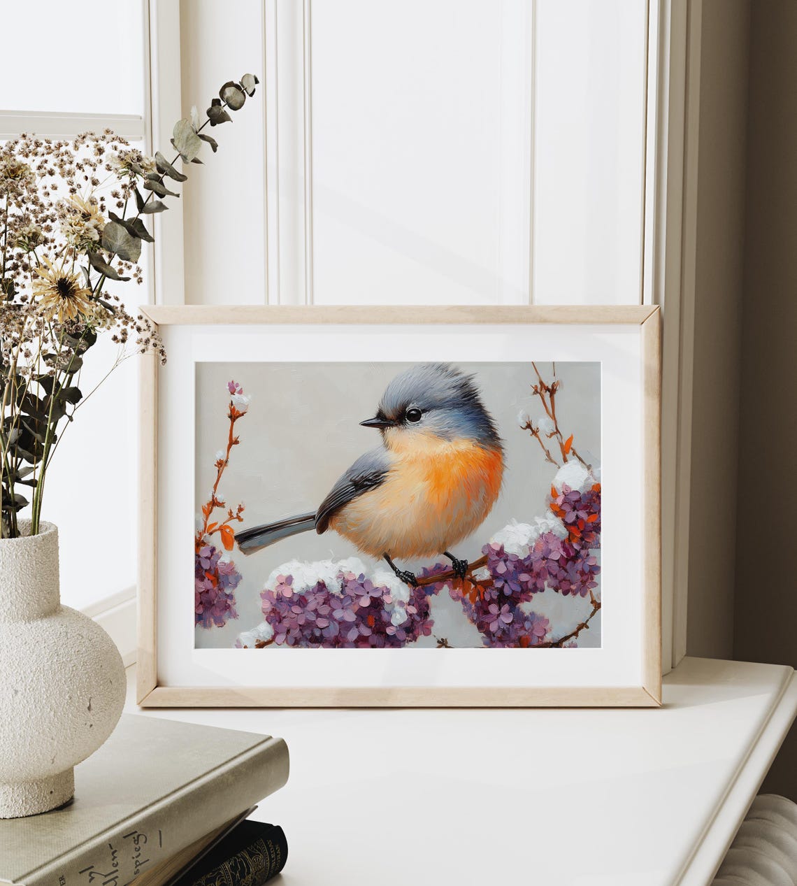Tufted Titmouse On Snow Dusty Lilac Branch Soft Winter Art Poster - Image 3