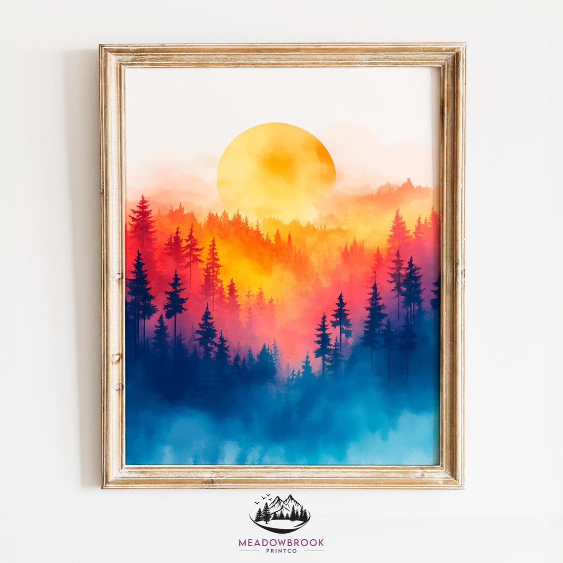 Giant Golden Sun Rising Over Misty Pine Forest Layered Poster