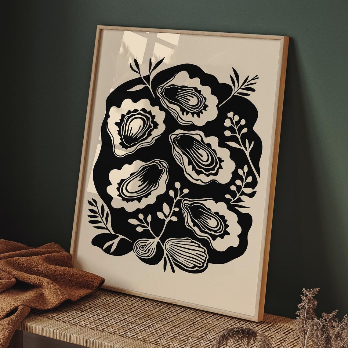 Monochrome Oyster Shells Black and White Nautical Woodcut Style Poster
