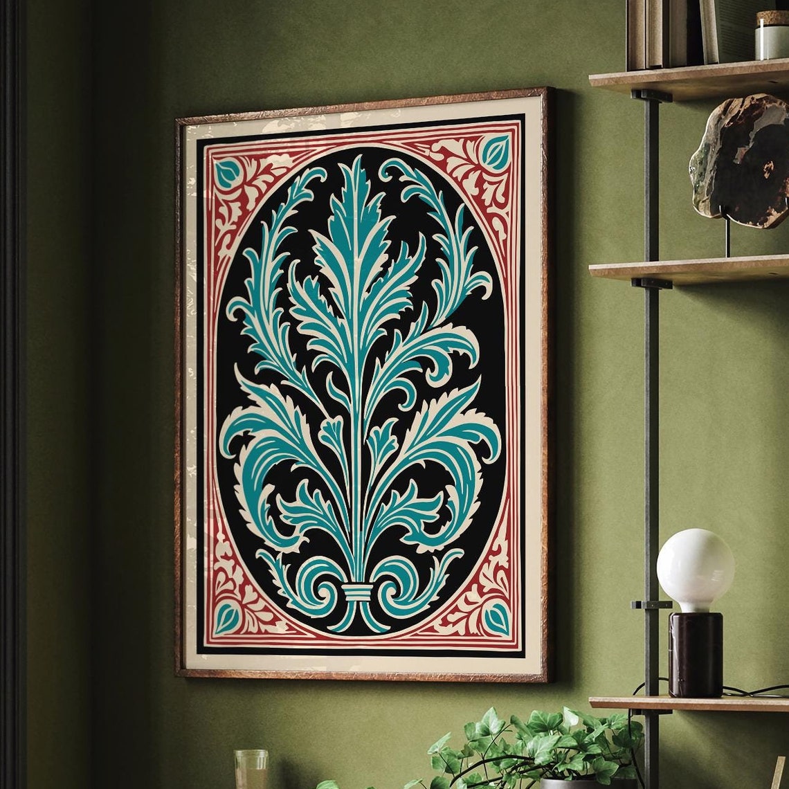 Teal Acanthus Leaf on Black With Red Ornament Border Vintage Poster
