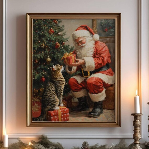 Tabby Cat And Santa Claus Christmas Poster Print
