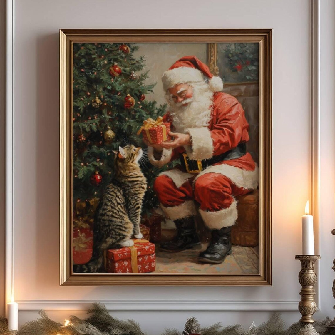 Tabby Cat And Santa Claus Christmas Poster Print